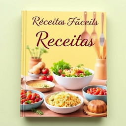 Uma capa de livro de receitas fáceis, apresentando uma paleta de cores vibrantes e apetitosas