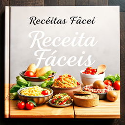 Uma capa de livro de receitas fáceis, apresentando uma paleta de cores vibrantes e apetitosas