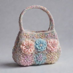 A small, crochet bag adorned with crystals and beads in pastel colors. The bag showcases a sensitive style with intricate details of silk and organza.