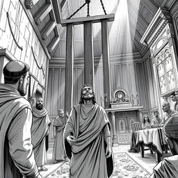 A striking black and white illustration capturing the intense moment of Haman's execution on a 25-meter high gallows he prepared for Mordechai, located in his own home