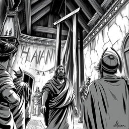 A striking black and white illustration capturing the intense moment of Haman's execution on a 25-meter high gallows he prepared for Mordechai, located in his own home