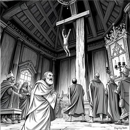 A striking black and white illustration capturing the intense moment of Haman's execution on a 25-meter high gallows he prepared for Mordechai, located in his own home