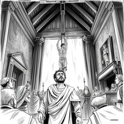 A striking black and white illustration capturing the intense moment of Haman's execution on a 25-meter high gallows he prepared for Mordechai, located in his own home