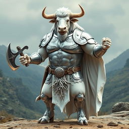 A full-body depiction of a white-furred minotaur standing at 2