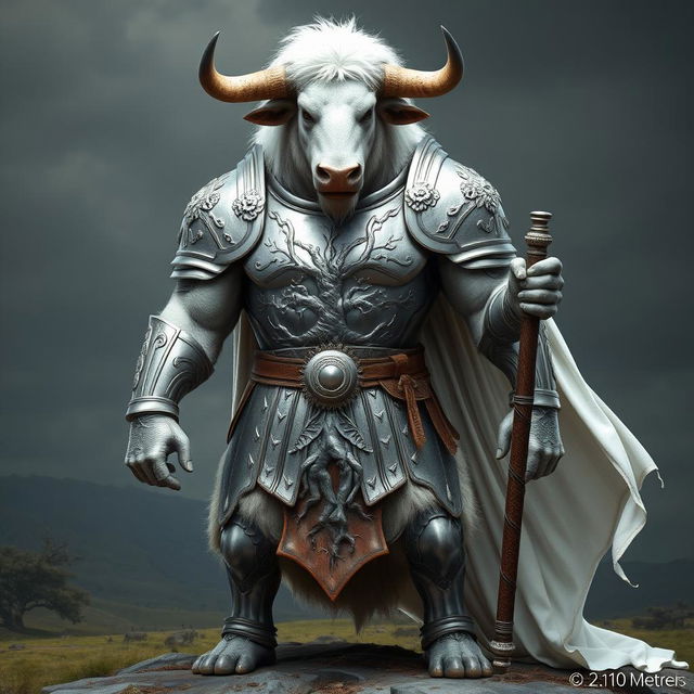 A full-body depiction of a white-furred minotaur standing at 2