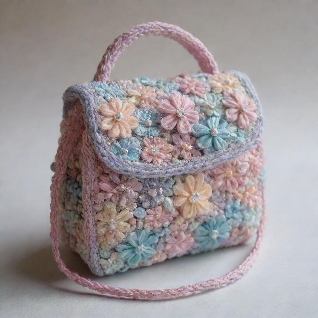 A small, crochet bag adorned with crystals and beads in pastel colors. The bag showcases a sensitive style with intricate details of silk and organza.