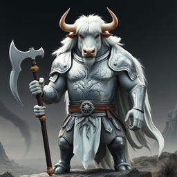 A full-body depiction of a white-furred minotaur standing at 2