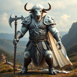 A full-body depiction of a white-furred minotaur standing at 2