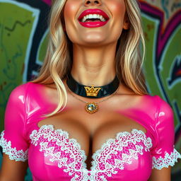 A stunning close-up of a gorgeous blonde woman in a striking pink latex dress adorned with white lace trim, showcasing her large chest and ample cleavage