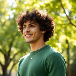 A handsome young man wearing a green sweater, with curly brown hair and a warm smile, standing outdoors in a lush green park