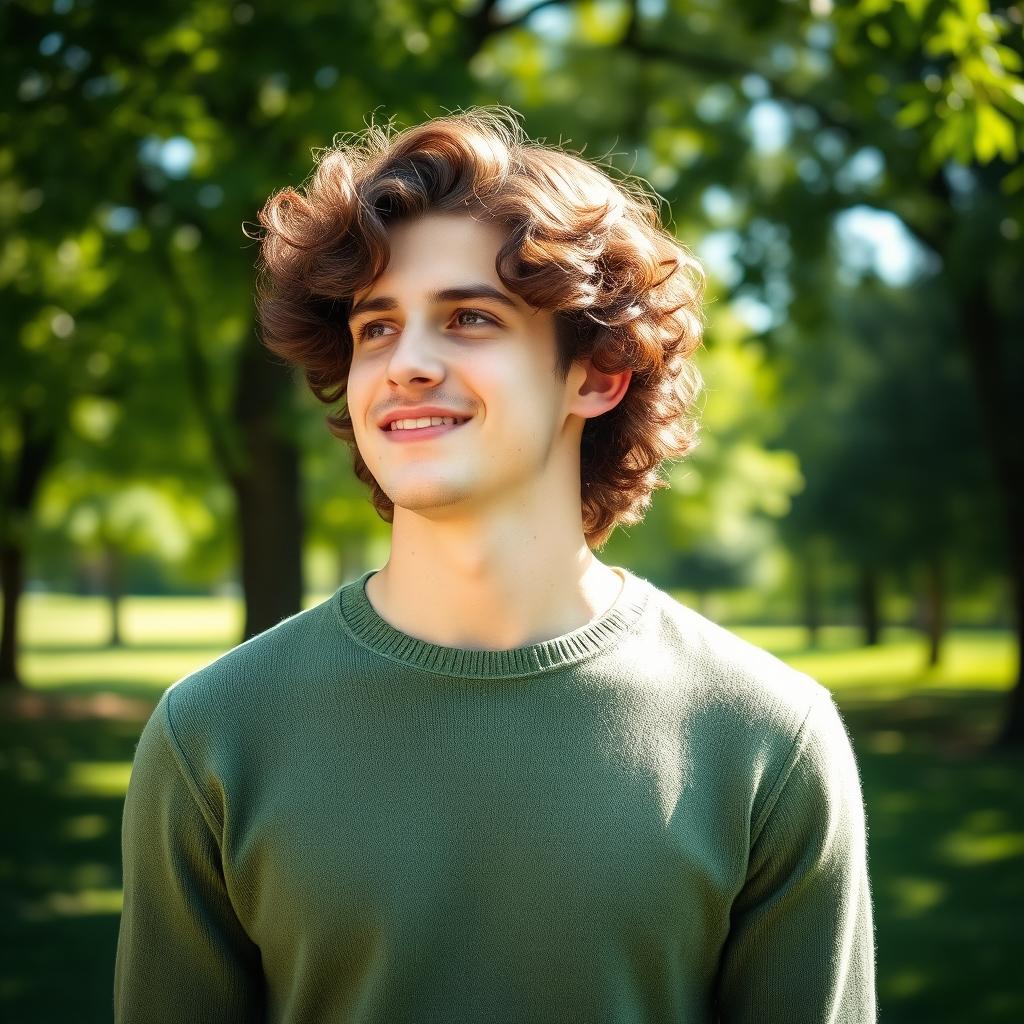 A handsome young man wearing a green sweater, with curly brown hair and a warm smile, standing outdoors in a lush green park