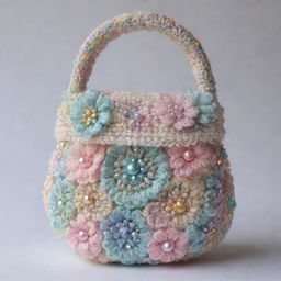 A small, crochet bag adorned with crystals and beads in pastel colors. The bag showcases a sensitive style with intricate details of silk and organza.