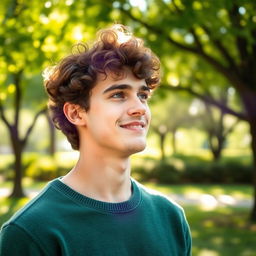 A handsome young man wearing a green sweater, with curly brown hair and a warm smile, standing outdoors in a lush green park