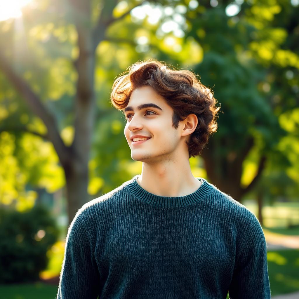 A handsome young man wearing a green sweater, with curly brown hair and a warm smile, standing outdoors in a lush green park