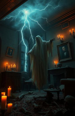 A chilling haunted house scene on a stormy night, with cracked walls and flickering candles casting eerie shadows