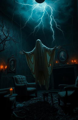 A chilling haunted house scene on a stormy night, with cracked walls and flickering candles casting eerie shadows