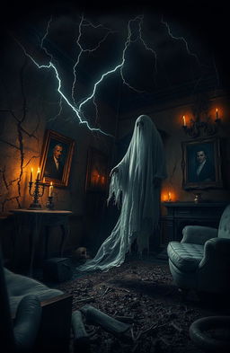 A chilling haunted house scene on a stormy night, with cracked walls and flickering candles casting eerie shadows