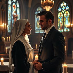 A secretive and romantic encounter between a beautiful young novice nun, 18 years old, with a serene and innocent expression in her traditional habit, and a handsome, distinguished man in his late 30s, dressed in a sharp, tailored suit