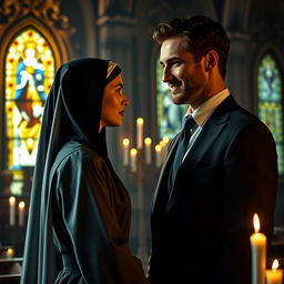 A secretive and romantic encounter between a beautiful young novice nun, 18 years old, with a serene and innocent expression in her traditional habit, and a handsome, distinguished man in his late 30s, dressed in a sharp, tailored suit