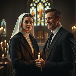 A secretive and romantic encounter between a beautiful young novice nun, 18 years old, with a serene and innocent expression in her traditional habit, and a handsome, distinguished man in his late 30s, dressed in a sharp, tailored suit