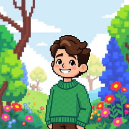 A pixel art style character, a young man wearing a vibrant green sweater, with pixelated curly brown hair and a cheerful expression