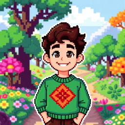 A pixel art style character, a young man wearing a vibrant green sweater, with pixelated curly brown hair and a cheerful expression