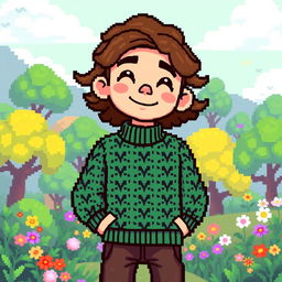 A pixel art style character, a young man wearing a vibrant green sweater, with pixelated curly brown hair and a cheerful expression