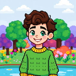 A pixel art style character, a young man wearing a vibrant green sweater, with pixelated curly brown hair and a cheerful expression