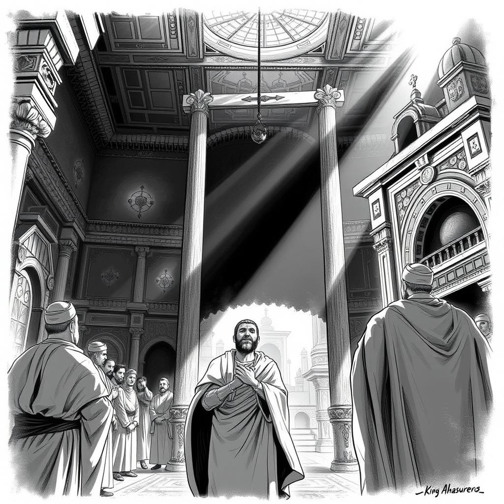 A powerful black and white illustration capturing the dramatic moment of Haman's execution on the gallows he prepared for Mordechai, which stands at an imposing height of 25 meters in his own home