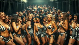 A crowded jail scene filled with hundreds of sexy women, all showcasing voluptuous figures and wearing revealing prison uniforms that emphasize their curves