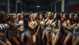 A crowded jail scene filled with hundreds of sexy women, all showcasing voluptuous figures and wearing revealing prison uniforms that emphasize their curves