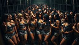 A crowded jail scene filled with hundreds of sexy women, all showcasing voluptuous figures and wearing revealing prison uniforms that emphasize their curves