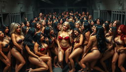 A large-scale scene depicting hundreds of sexy women in a jail setting, all characterized by voluptuous figures and bold, provocative attire that enhances their curves