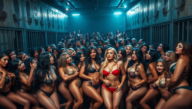 A large-scale scene depicting hundreds of sexy women in a jail setting, all characterized by voluptuous figures and bold, provocative attire that enhances their curves