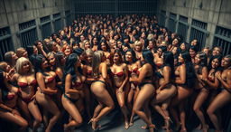 A large-scale scene depicting hundreds of sexy women in a jail setting, all characterized by voluptuous figures and bold, provocative attire that enhances their curves