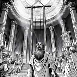 A captivating black and white illustration depicting the crucial scene of Haman's execution on a 25-meter high gallows, which he prepared for Mordechai, set within his own opulent home