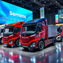 A stunning showcase of various electric trucks designed by a fictitious manufacturer named Serpens