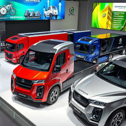 A stunning showcase of various electric trucks designed by a fictitious manufacturer named Serpens