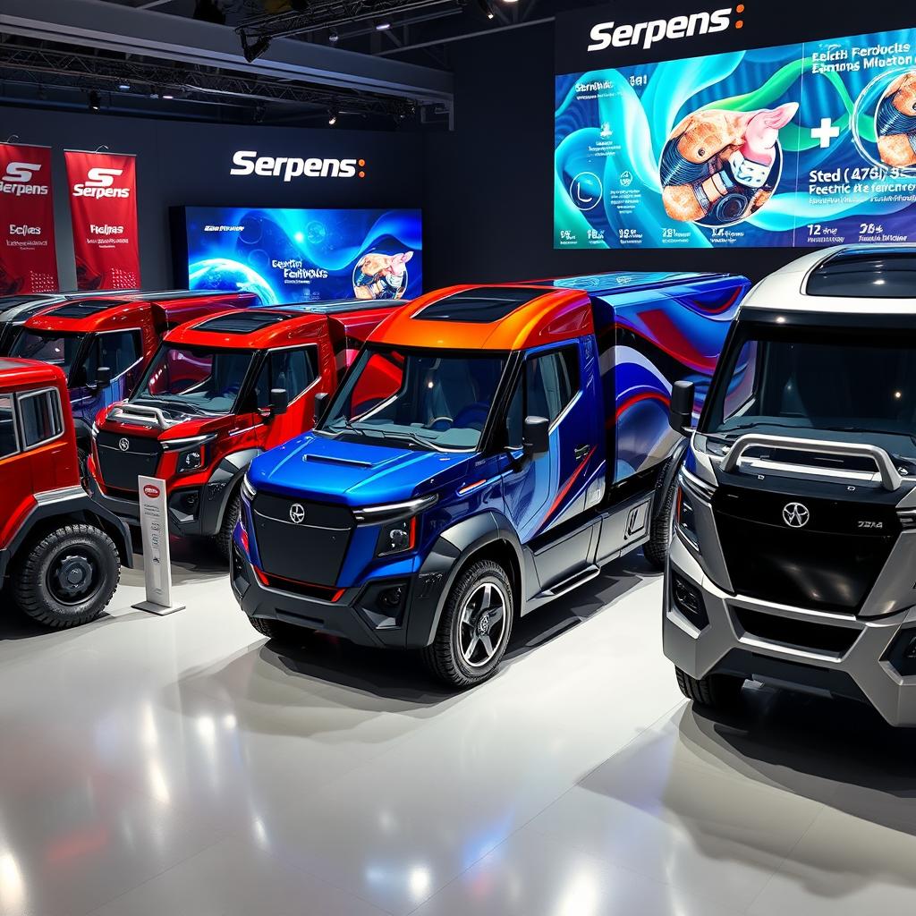 A stunning showcase of various electric trucks designed by a fictitious manufacturer named Serpens