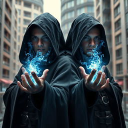 A portrait of two warlocks aged two years, standing sideways, each cloaked in a mysterious hood