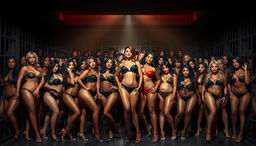 A large-scale, visually striking scene of hundreds of sexy women in a jail environment, all featuring voluptuous figures and dressed in provocative, form-fitting outfits that accentuate their curves