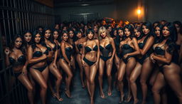 A large-scale, visually striking scene of hundreds of sexy women in a jail environment, all featuring voluptuous figures and dressed in provocative, form-fitting outfits that accentuate their curves