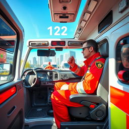 A professional paramedic in a modern ambulance, showcasing the emergency medical equipment and interior