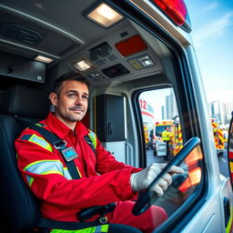 A professional paramedic in a modern ambulance, showcasing the emergency medical equipment and interior