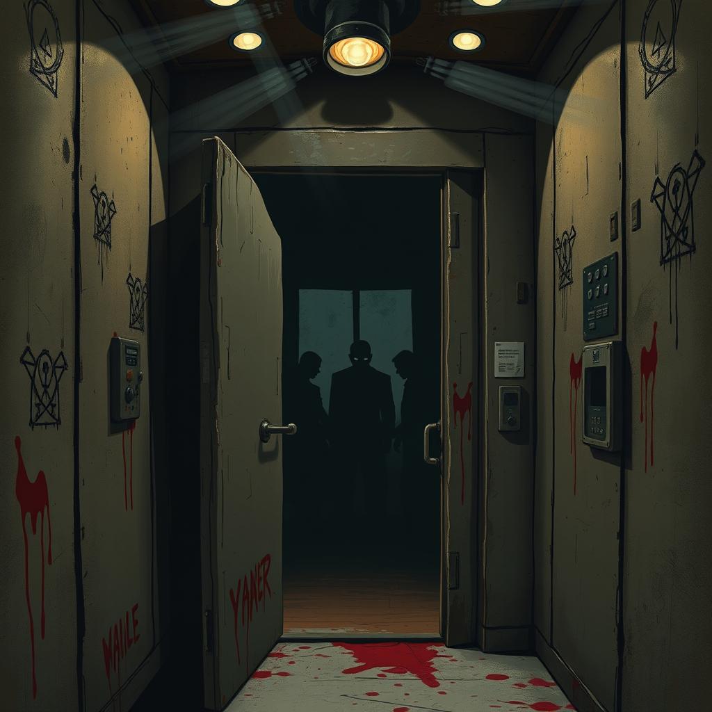 A spine-chilling illustration depicting a horror scene based on the concept of games in an elevator