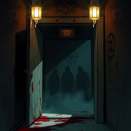 A spine-chilling illustration depicting a horror scene based on the concept of games in an elevator