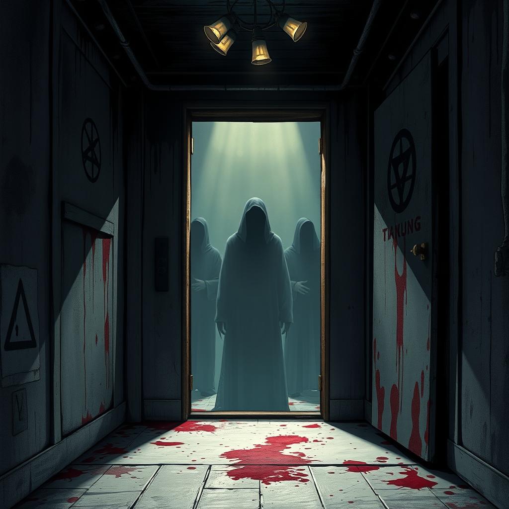 A spine-chilling illustration depicting a horror scene based on the concept of games in an elevator