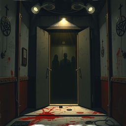 A spine-chilling illustration depicting a horror scene based on the concept of games in an elevator