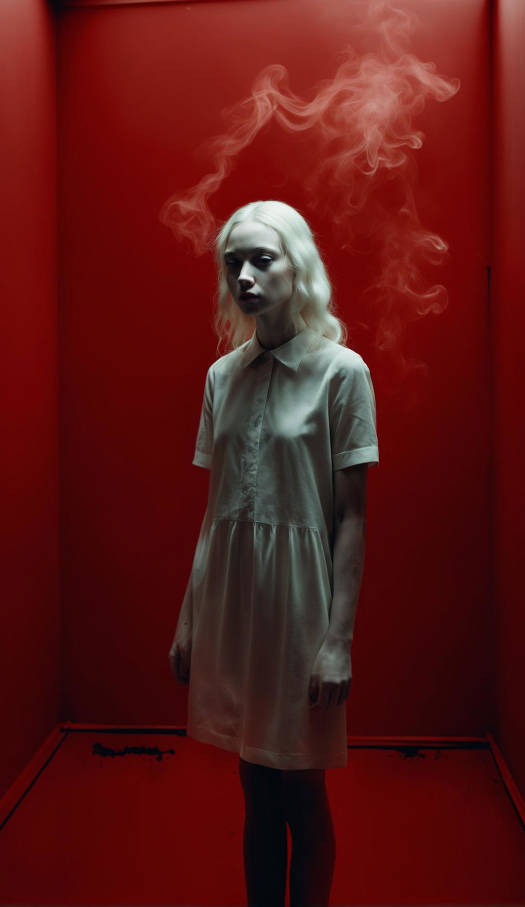 Thin albino teenage girl in white shift dress in a windowless minimalist red room filled with thick black smoke. Raw, unedited 16k photograph capturing side view of symmetrical facial features under low light.