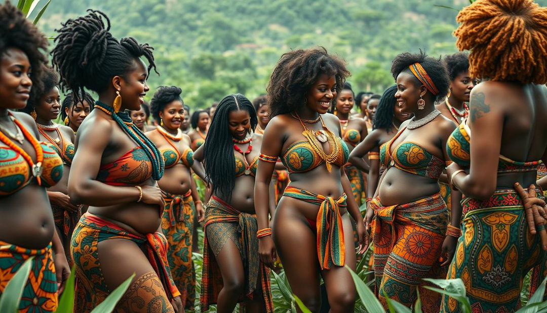 A vibrant and colorful scene featuring hundreds of sexy women from an African tribe, showcasing voluptuous figures and exuding sensuality